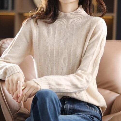 Round Neck Cashmere Sweater Women Autumn and Winter Wool pullover knitted long-sleeved loose half high collar sweater For Female