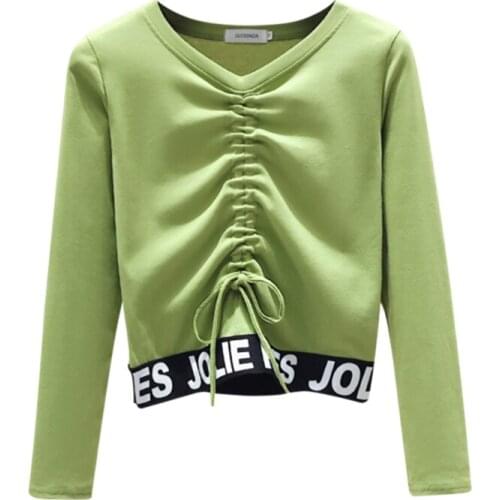 Gkfnmt Korea Style Sexy Crop Top Short T-shirt Women Tops Cotton Long Sleeve Tshirt Autumn Lace Up Patchwork Tee Shirt Femme