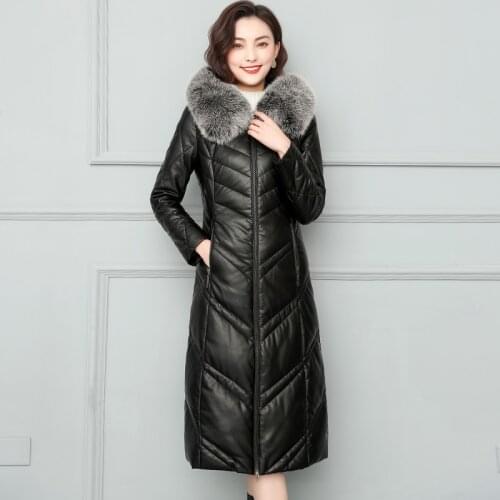 High Quality Winter Women Sheep Leather Down Jacket 2020 Real Fox Fur Collar Hooded Coat Female Plus Size Thicken Warm Long Coat
