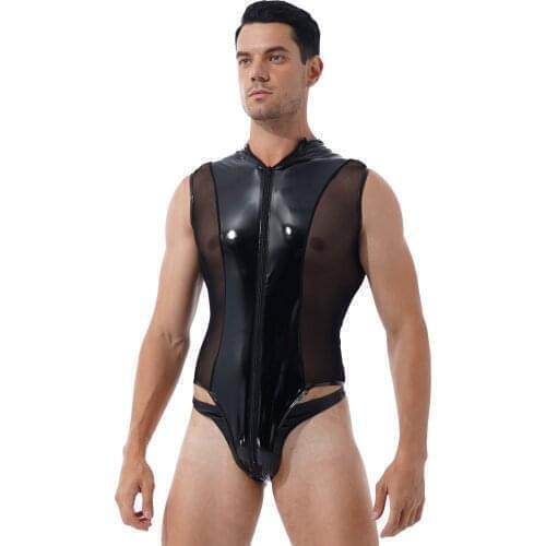 Plus Size Exotic Bodysuit Men Shiny Patent Leather Sheer Mesh Splice Lingerie Sleeveless Double Zipper High Cut Thong Leotard