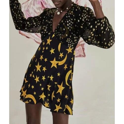 Free Shipping 2021 Early Autumn Designer Fashion Star Moon Print Dress Women Elegant V-Neck High Waist Puff Sleeve A-Line Dresse