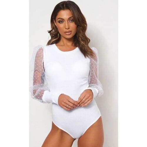 Vintage Hot Women Long Sleeve Bodysuit Stretch Leotard Top Ladies Knitted Polka Dots Mesh Puff Sleeve Jumper Top Bodycon Romper