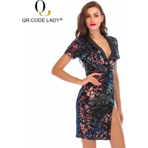 QR Luxury Sequin Summer Dress Women 2019 Sexy Split Deep V Neck Party Dress Female Casual Slim Sleeveless Pencil Bodycon Dresses