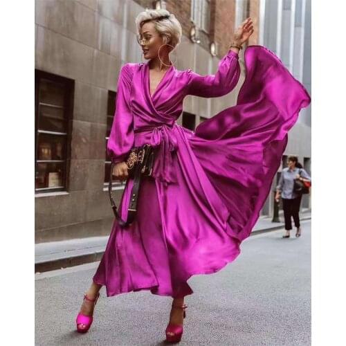 Women Summer Sexy Sashes Ruffled A-line Sim Party Dress Long Sleeve Sexy V neck Solid Elegant Casual Fashion Party Dress Vintage