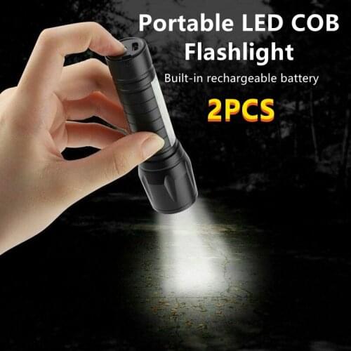 2PCS LED COB Flashlight Portable LED Torch Lamp Camping Light USB Rechargeable Zoomable Lantern Lamp Waterproof Outdoor Lighting