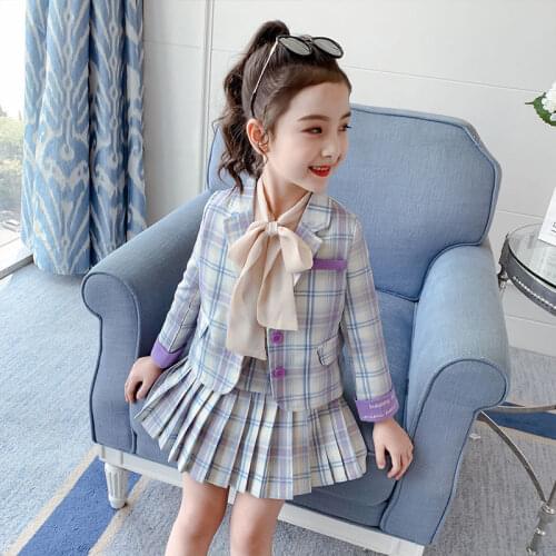 2021 Girls Spring And Autumn Plaid Students Suit Girls Plaid Pleated Skirt And Pants Options Childrens Fashion Formal Clothes