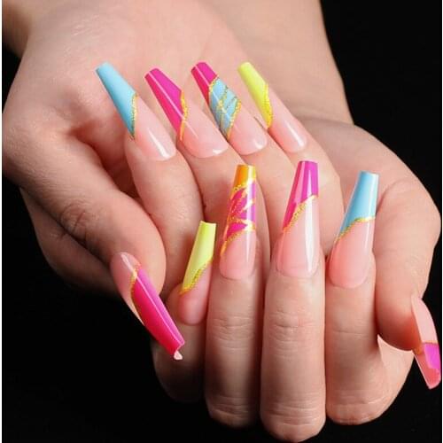24pcs/box fake nails with glue designed colourful Gold thread rainbow paragraph press on nails coffin girls nail tips stick-on