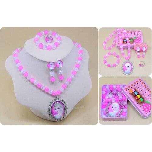 Disney Cartoon Girl Ornament Frozen Princess Pendant Necklace Baby Bracelet Ear Clip Ring Set Childrens Hair Accessories Gifts
