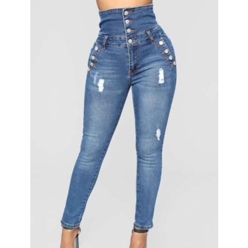 3XL Plus Size 2021 Spring Autumn Women Fashion High Waist Waist Slim Button Denim Jeans Hole Pocket Skinny Pencil Pants Trousers