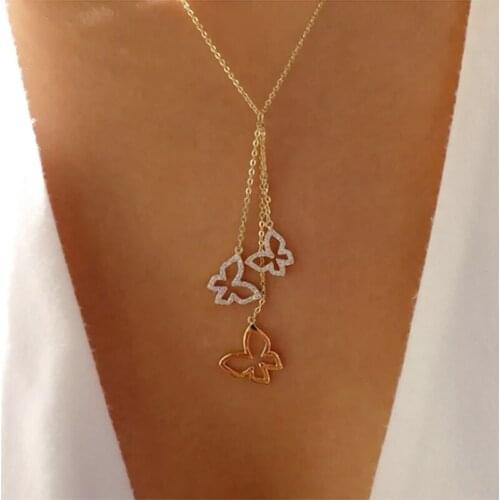 Exquisite Butterfly Rhinestone Tassel Pendant Necklace Charming Female Gold Clavicle Chain Creative wedding party jewelry