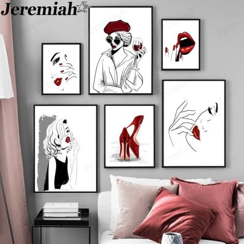Red Lips Girl Canvas Painting Sexy High Heels Poster Picture Print Wall Art Nordic Aesthetics Room Decoration Accessories