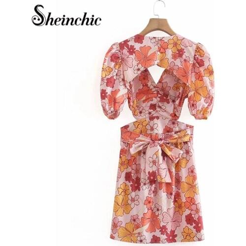 Summer Boho Floral Printed Beach Dress 2021 Sexy V-neck Backless Short Sleeve Bohemian Chiffon Dresses for Women