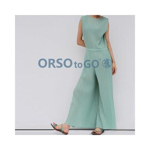 HOT SELLING Miyake fold Pure color o-neck fashion long jumpsuits wide-legged pants IN STOCK