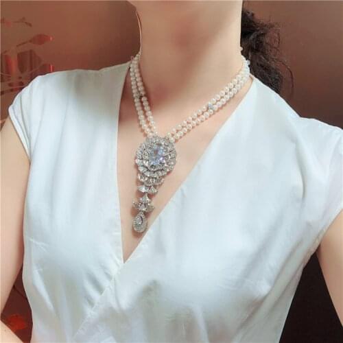 Fashionable 2strand natural freshwater pearl 6-7mm zircon micro inlaid accessories pendant necklace long 45-48cm