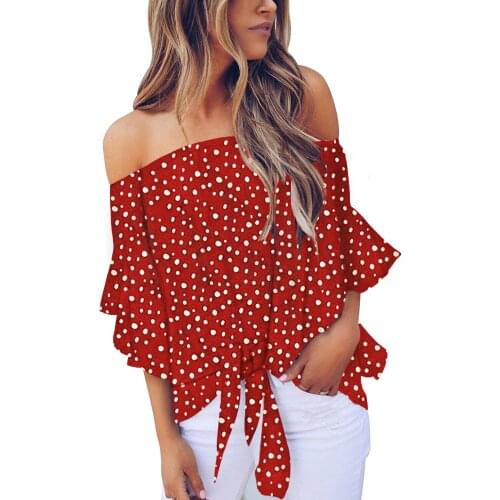 Sky Blue/Black/White/Red Polka Dot 3/4 Bell Sleeve Off Shoulder Front Tie Knot Top Women Fashion Casual Blouse Tops