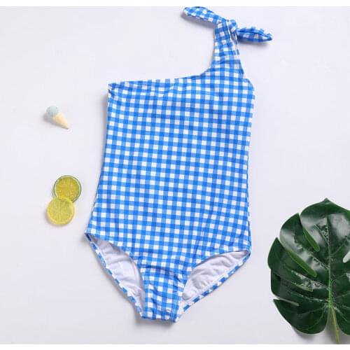 Plaid Girl Swimsuit Kids One Piece 7-14 Years Childrens Swimwear Monokini One Shuolder Girl Bathing Suit Bow Tie Beachwear 2021