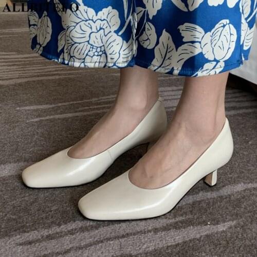 ALLBITEFO 2021 New Square Toe Thin Heel Real Genuine Leather Women Heels Shoes Spring Fashion Simple Sexy Girls High Heel Shoes
