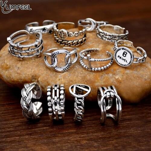 Yumfeel New Vintage Silver Rings Tibetan Silver Open Cuff Rings for Women Jewelry 12pcs/Lot