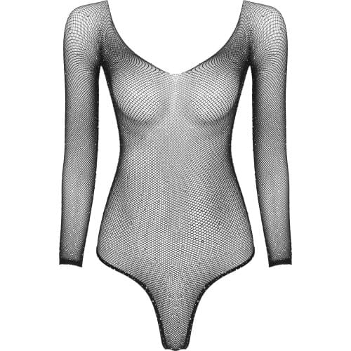 Womens Erotic Sexy Fishnet Bodysuit Rhinestone Lingerie See-through Mesh Bodysuit Shiny Scoop Neck Long Sleeve Leotard Jumpsuit