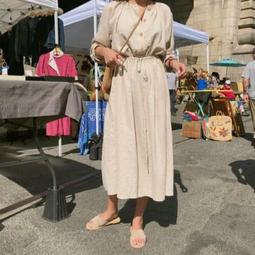 Women Cotton Round Collar Slim Waist Drawstring Solid Color Sundress with Buttons Vintage Autumn Long Shirt Dress