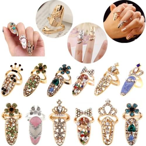 2pcs Women Fashion Bowknot Nail Ring Nail Art Decoration Charm Crown Flower Crystal Finger Nail Rings Nail DIY