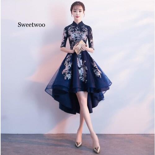 Navy Blue Luxury Appliques High Low part Dresses High Neckline Short party Dresses With Half Sleeves Plus Sizess Vestido de novi