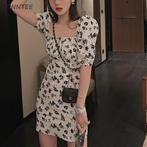 Dress Women Mini Square Collar Bodycon Floral Sexy Summer Design Hot Sale Elegant Club Retro Female Leisure Fashion Ins Vestidos