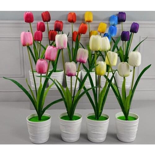 1 Pot Artificial Flower 3 in 1 Multi-purpose Faux Silk Simulation Tulip Flowerpot Decor Fake Silk Flower Craft for Home