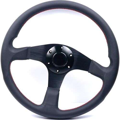 14inch/350mm Black Genuine Leather Drift Sport Steering Wheels With Red Stitching