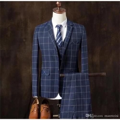 2020 Three Piece Custom Groom Suits Wedding Wear Skinny Safari Style Singal Breasted Plaid Shawl Lapel Tuxedos