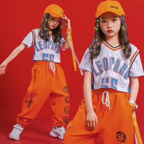 2021 New Jazz Performance Costumes For Kids Children 'S Day Short Sleeved Orange Loose Pants Hip Hop Dance Rave Clothes DQS6835