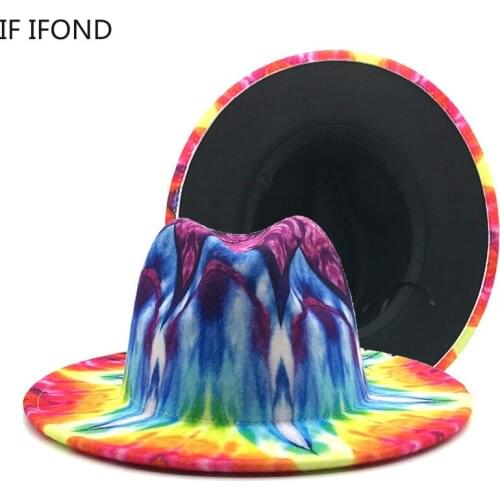 2022 Colorful Wide Brim Derby Top Hat Fashion Tie deyed Felt Fedoras Hat for Men Women British style Elegant Lady Jazz Cap
