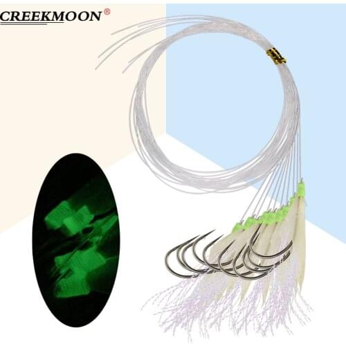 50Pcs Luminous Fishing Hooks String Tied with Line Combo Feathers Fishing Single Barbed String Hook High Carbon Steel Hooks 5Bag