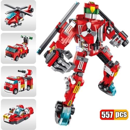 557Pcs City Fire Fighting 4 IN 1 Deformation Mecha Robot Model Building Blocks Fire Truck Fireman Figures Bricks Toys Children