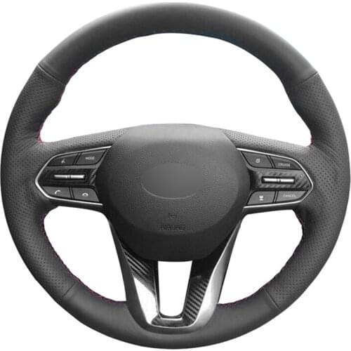 Black Artificial Leather Hand-stitched No-slip Car Steering Wheel Cover For Hyundai Santa Fe 2019-2020 Palisade 2020