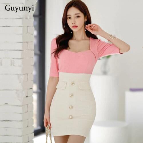 Elegant Party Mini Dress 2021 Summer Square Collar Decorative Single Breasted High Waist Solid Color Stitching Tight Dress Women