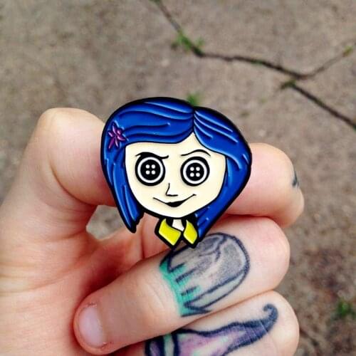 Horror Movie Coraline Doll Enamel Brooch Pins Badge Lapel Pins Alloy Metal Fashion Jewelry Accessories Gifts