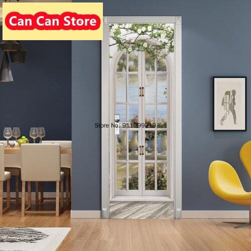 Fake Glass Window Green Landscape Farmhouse Style Renovation Vinyl Deur Sticker 3D Print Door Stickers Decals Living Room Decor
