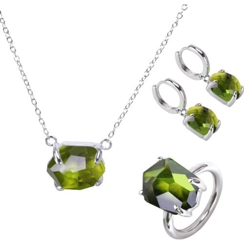 Kayfany 2021 New Irregular Wedding Necklace-Earrings-Ring Green Crystal Plated Platinum Jewelry Set For Women Girlfriends Gift