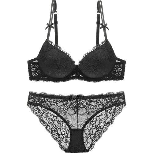 Women Elegant Lace Bra Set Gathered Underwear Daily Push Bra with Lace Transparent Panties Sexy Langeri Suit