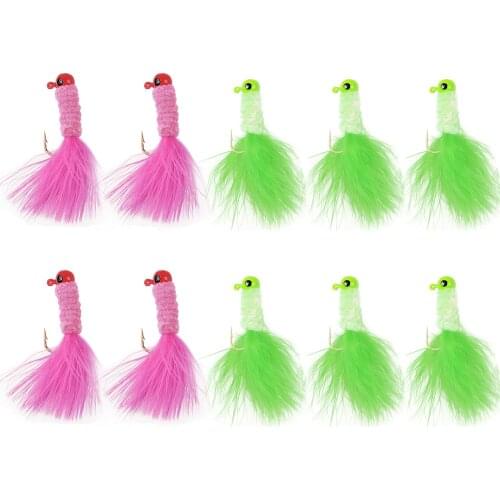 10Pcs Crappie Jigs Fishing Hard Lure Lead Head Hook Fly Fishing Lures With Feathers For Worm Baits Barbed Hooks