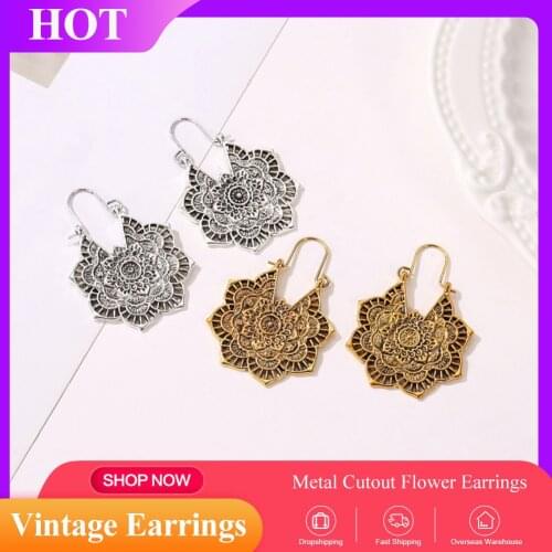 Fashion Ethnic Style Earrings Vintage Metal Hollow Flower Bohemian Carved Palace Wind Jewelry Earring