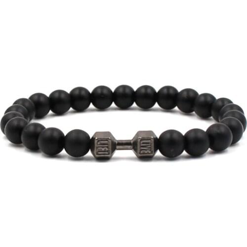 Trendy 8mm Matte Black Stone Beads Bracelet 3color Zinc alloy Barbell Handmade DIY Bracelets bangle for Women Men charm Jewelry