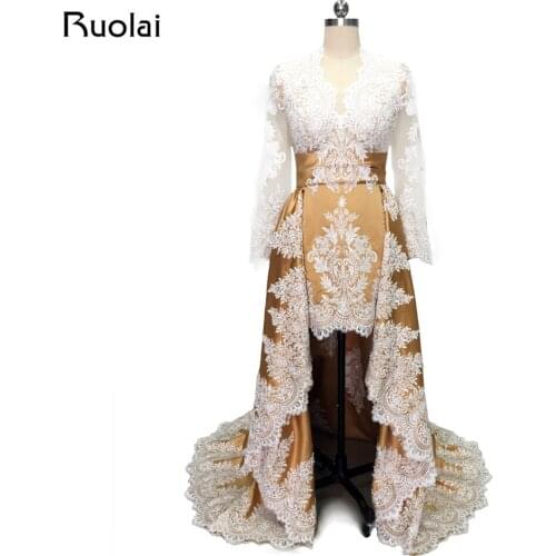 Real Photo Gold Evening Dresses Long Sleeves Ivory Beaded Lace High Low Prom Dress Formal Party Gown Vestidos de Fiesta RE1