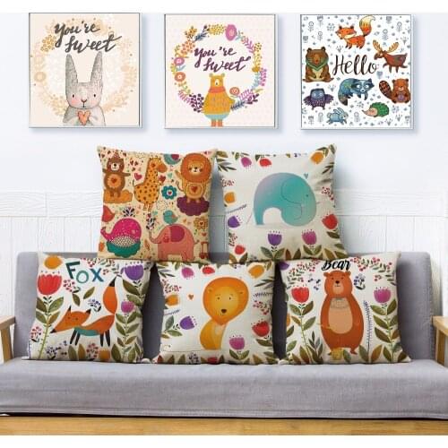 Nordic Cartoon Forest Animal Fox Bear Rabbit Print Pillow Cover 45*45 Cushion Covers Linen Pillows Cases Home Decor Pillow Case