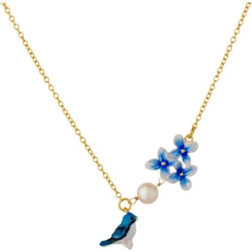 Jaeeyin 2021 New Arrivals Summer Enamel Blue Bird Flower Freshwater Pearl Delicate Bohemia Necklace for Girls Friends Gift