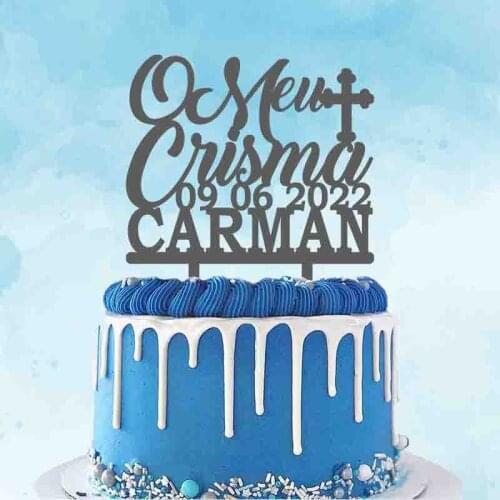 Personalized Kids Baptism Cake Topper Custom Name Date Portuguese O Meu Crisma For Religious Baptism Party Decoration Topper