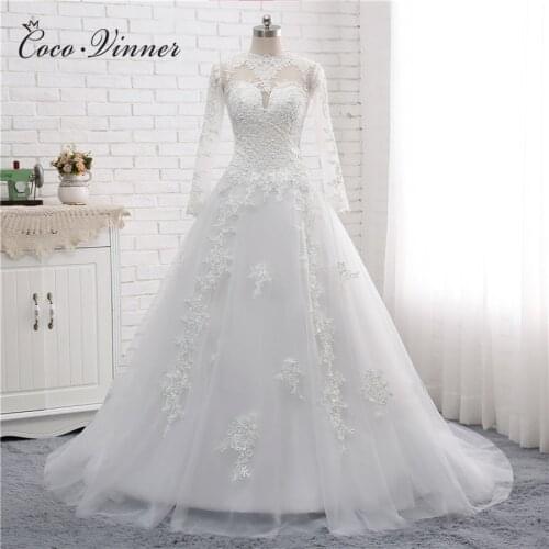High Neck Arab White A line Wedding Dresses Long Sleeve Court Train Illusion Back Beading Embroidery Wedding Dress W0136