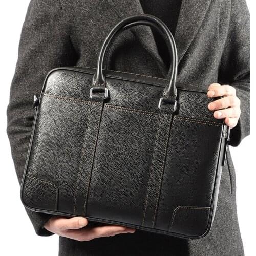 Mens Genuine Leather Briefcase Famous Brand Business Cowhide Leather Men Messenger Bag Casual Handbags Shoulder Bags 14inch