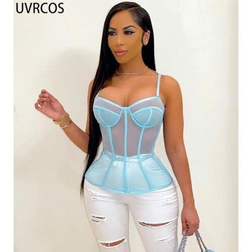 UVRCOS Solid Cyber Y2K Camisole Gauze Fish Bone Sling Slim Sleeveless Crop Tops Sexy Mesh Patchwork Breathable Club Night Outfit